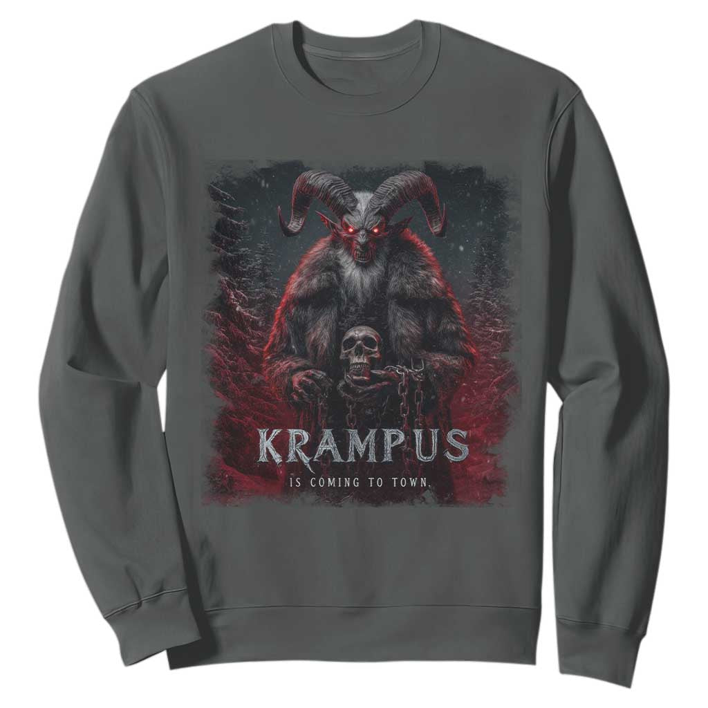 Krampus Is Coming To Town Sweatshirt Gothic Dark Xmas Gift Horror Holiday TS10 Dark Heather Print Your Wear