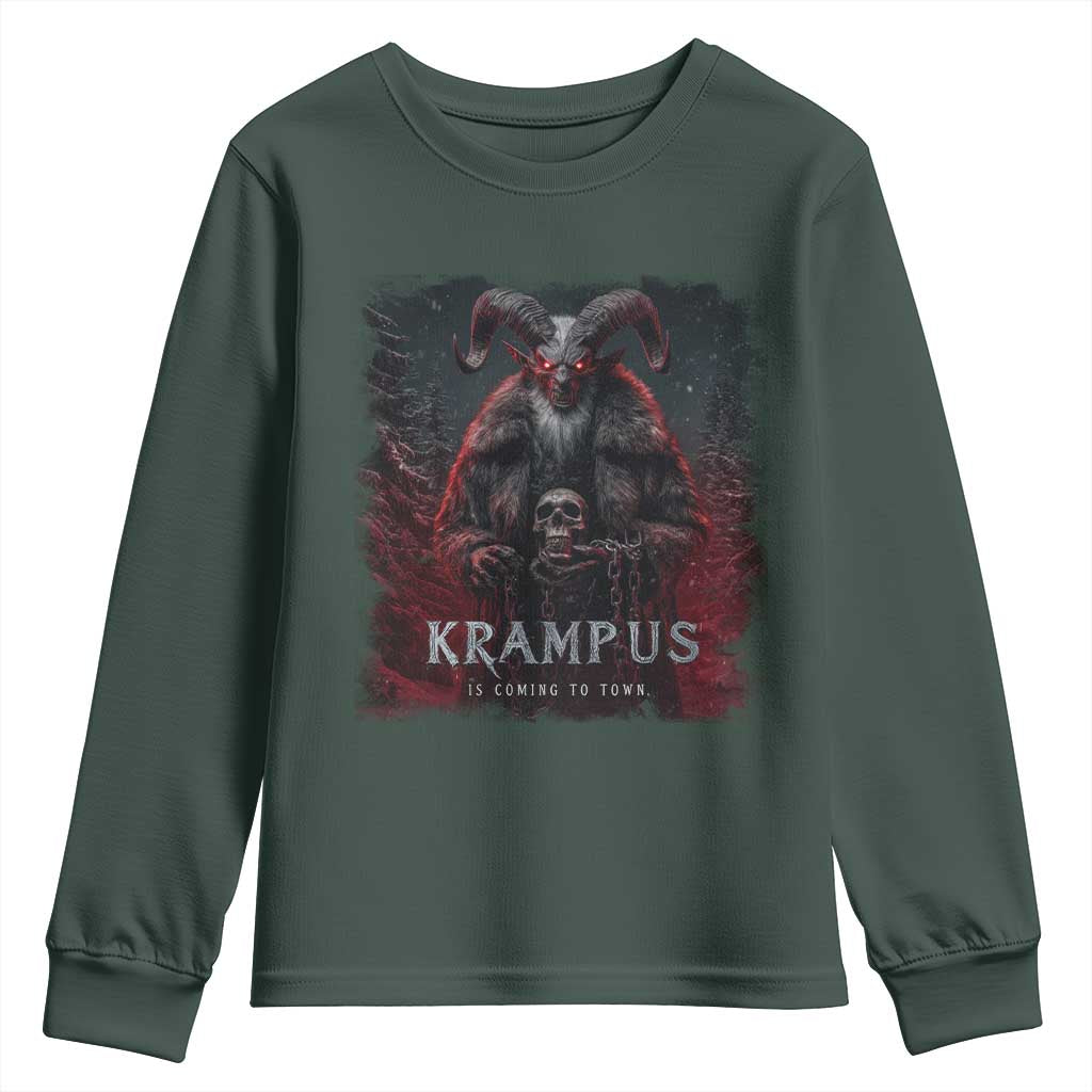 Krampus Is Coming To Town Youth Sweatshirt Gothic Dark Xmas Gift Horror Holiday TS10 Dark Forest Green Print Your Wear