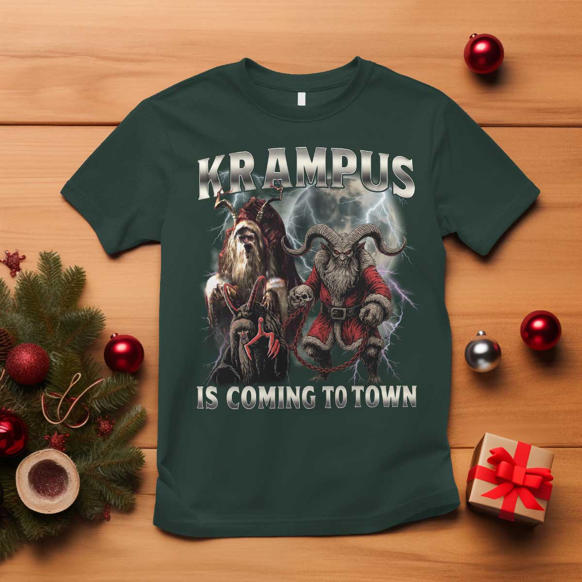 Krampus Is Coming To Town T Shirt Vintage Gothic Dark Xmas Gift Horror Holiday TS10 Dark Forest Green Print Your Wear