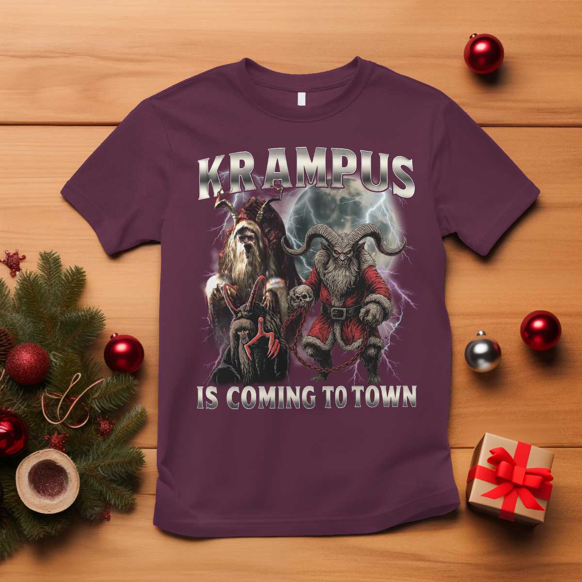 Krampus Is Coming To Town T Shirt Vintage Gothic Dark Xmas Gift Horror Holiday TS10 Maroon Print Your Wear