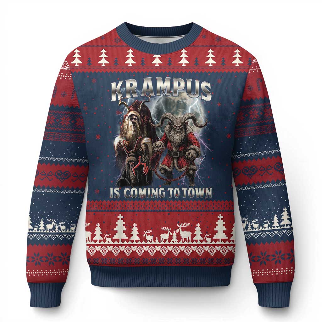 Krampus Is Coming To Town Ugly Christmas Sweater Vintage Gothic Dark Xmas Gift Horror Holiday TS10 Navy Red Print Your Wear