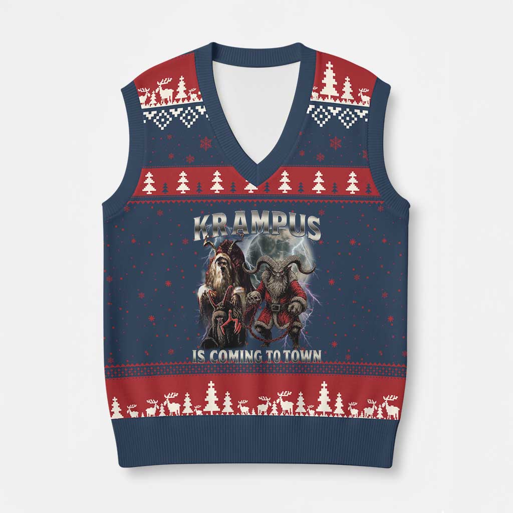 Krampus Is Coming To Town V-Neck Knit Sweater Vest Vintage Gothic Dark Xmas Gift Horror Holiday TS10 Navy Red Print Your Wear