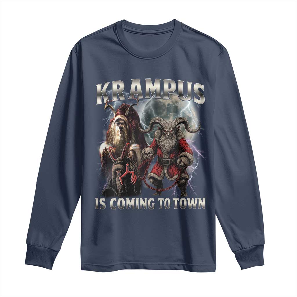 Krampus Is Coming To Town Long Sleeve Shirt Vintage Gothic Dark Xmas Gift Horror Holiday TS10 Navy Print Your Wear