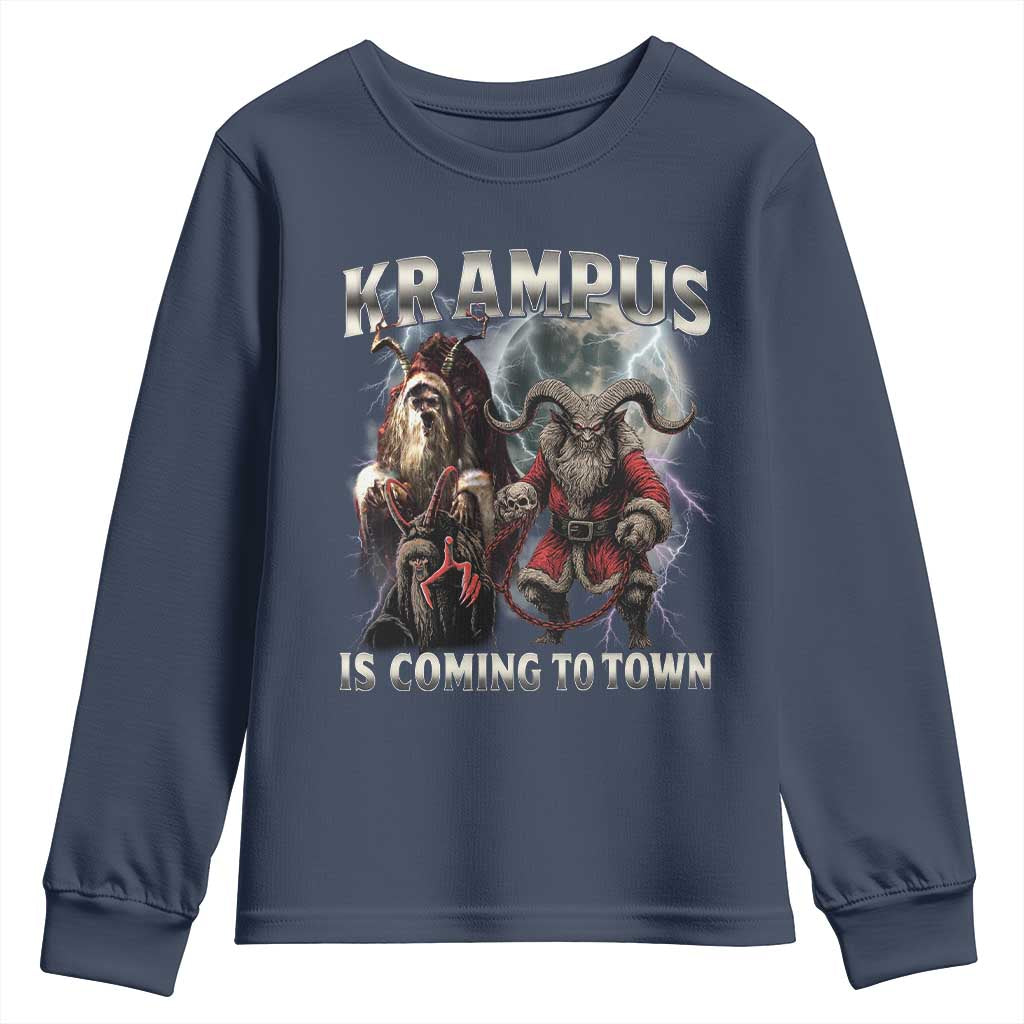 Krampus Is Coming To Town Youth Sweatshirt Vintage Gothic Dark Xmas Gift Horror Holiday TS10 Navy Print Your Wear