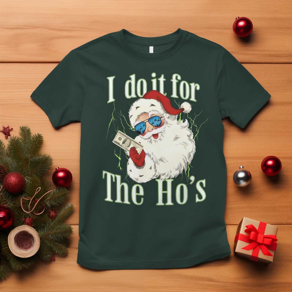 I Do It For The Hos T Shirt Rude Offensive Christmas Santa Face Retro Bootleg TS10 Dark Forest Green Print Your Wear