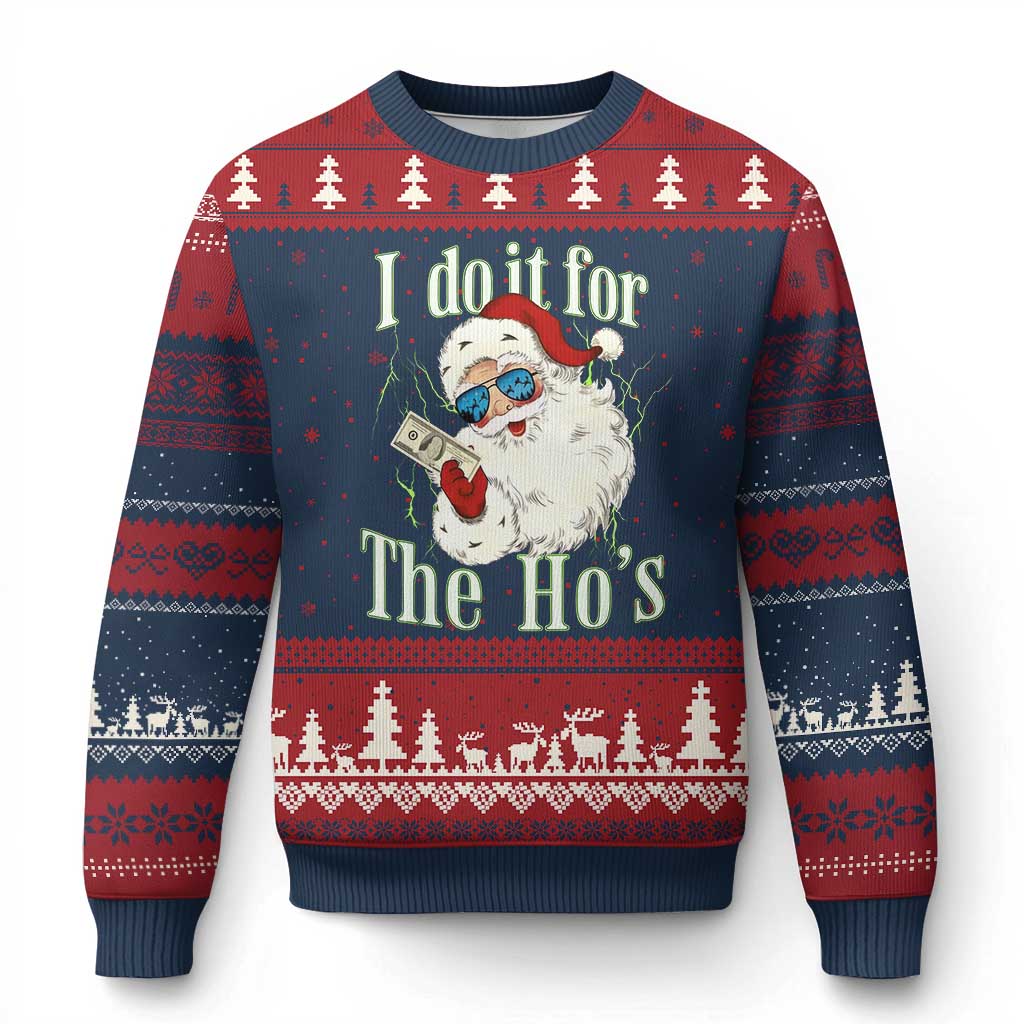 I Do It For The Hos Ugly Christmas Sweater Rude Offensive Christmas Santa Face Retro Bootleg TS10 Navy Red Print Your Wear
