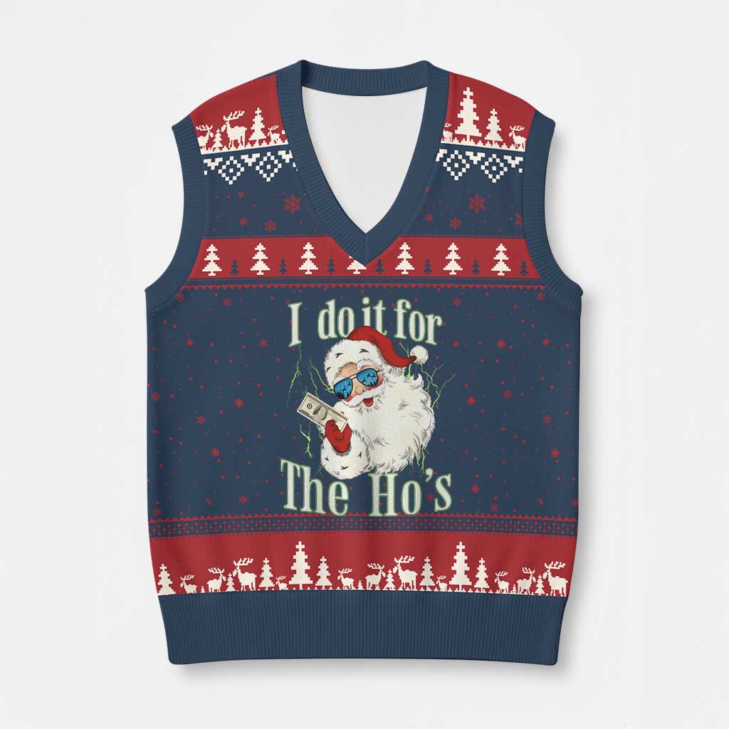 I Do It For The Hos V-Neck Knit Sweater Vest Rude Offensive Christmas Santa Face Retro Bootleg TS10 Navy Red Print Your Wear