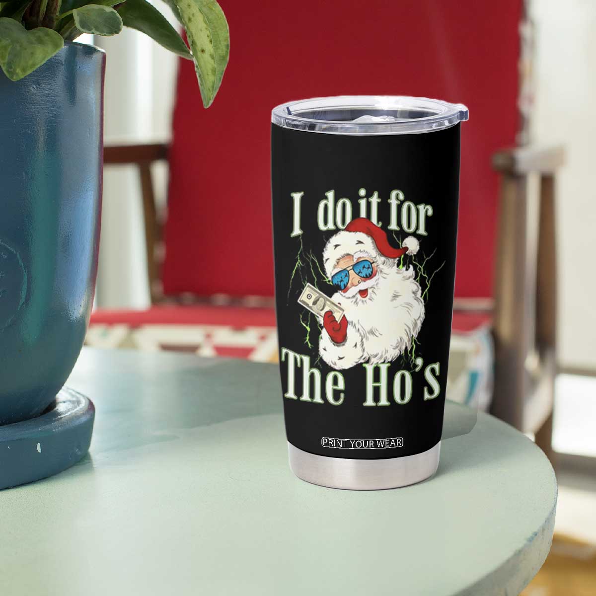I Do It For The Hos Tumbler Cup Rude Offensive Christmas Santa Face Retro Bootleg TS10 Print Your Wear