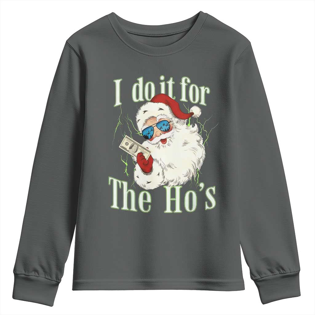 I Do It For The Hos Youth Sweatshirt Rude Offensive Christmas Santa Face Retro Bootleg TS10 Dark Heather Print Your Wear