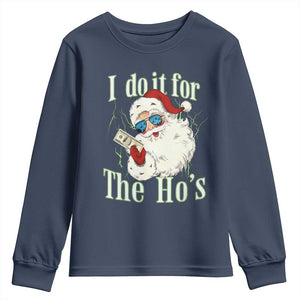 I Do It For The Hos Youth Sweatshirt Rude Offensive Christmas Santa Face Retro Bootleg TS10 Navy Print Your Wear
