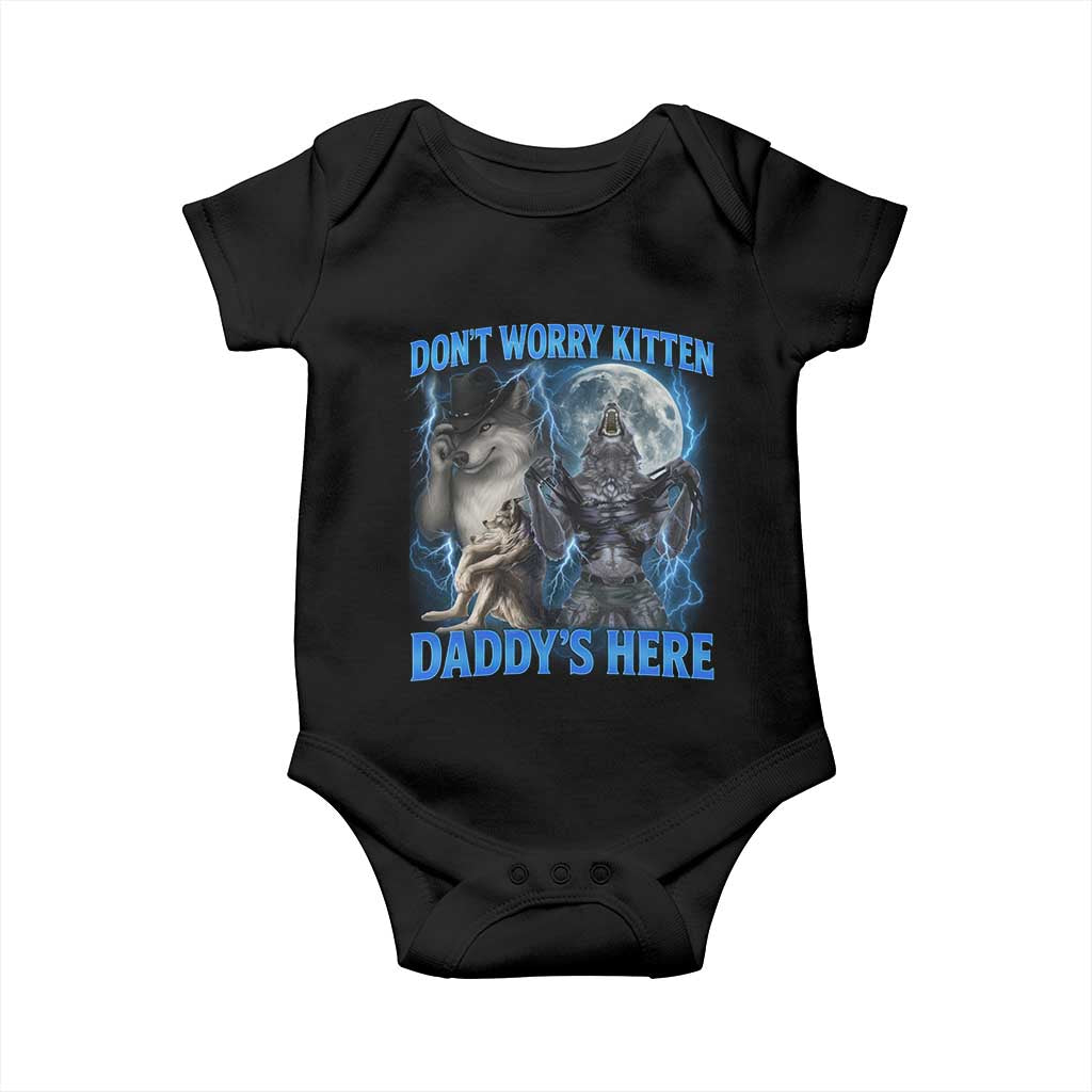 Funny Alpha Wolf Baby Onesie Don't Worry Kitten Daddy's Here 90s Vintage Bootleg TS10 Black Print Your Wear