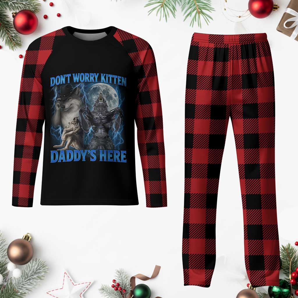 Funny Alpha Wolf Plaid Pajama Set Don't Worry Kitten Daddy's Here 90s Vintage Bootleg TS10 Buffalo Plaid Print Your Wear