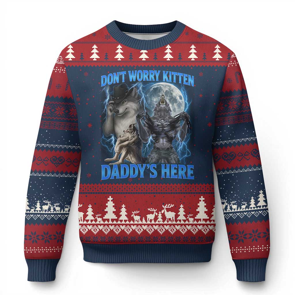 Funny Alpha Wolf Ugly Christmas Sweater Don't Worry Kitten Daddy's Here 90s Vintage Bootleg TS10 Navy Red Print Your Wear