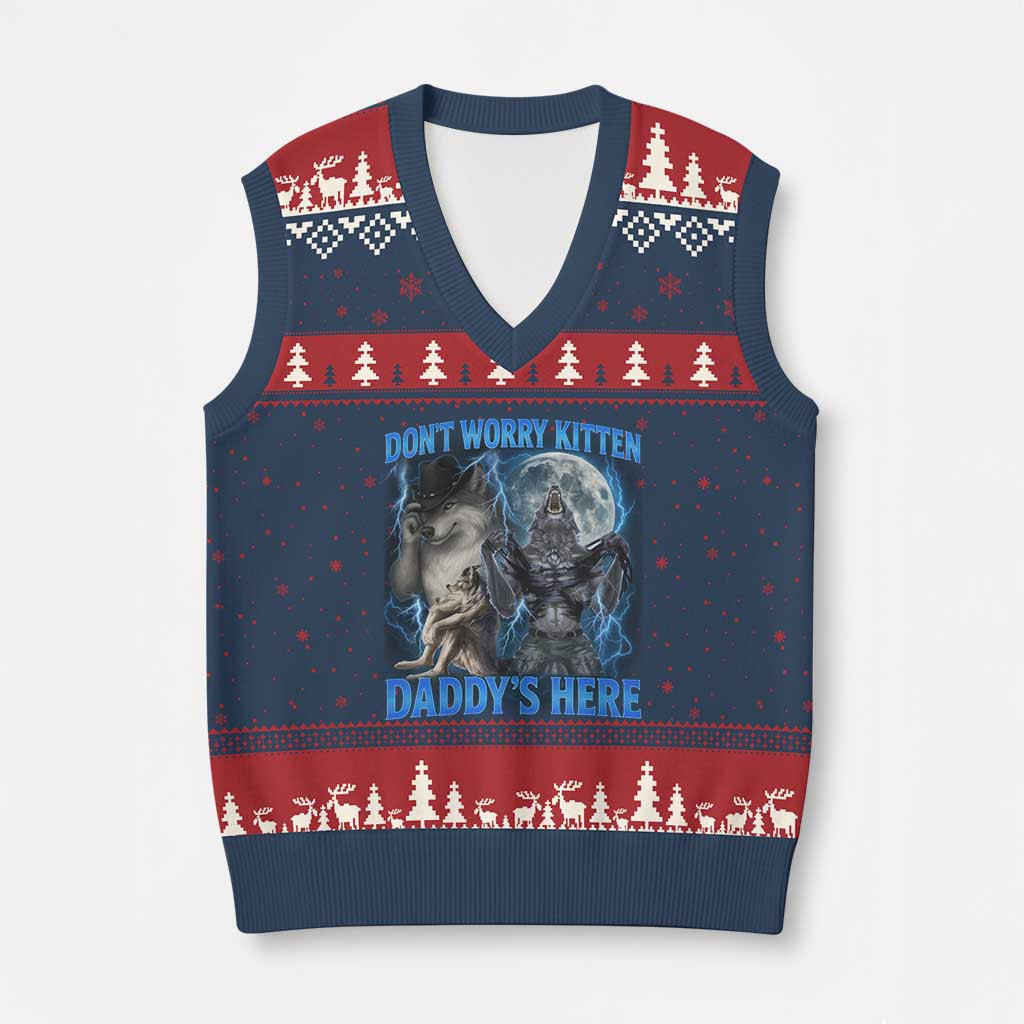 Funny Alpha Wolf V-Neck Knit Sweater Vest Don't Worry Kitten Daddy's Here 90s Vintage Bootleg TS10 Navy Red Print Your Wear