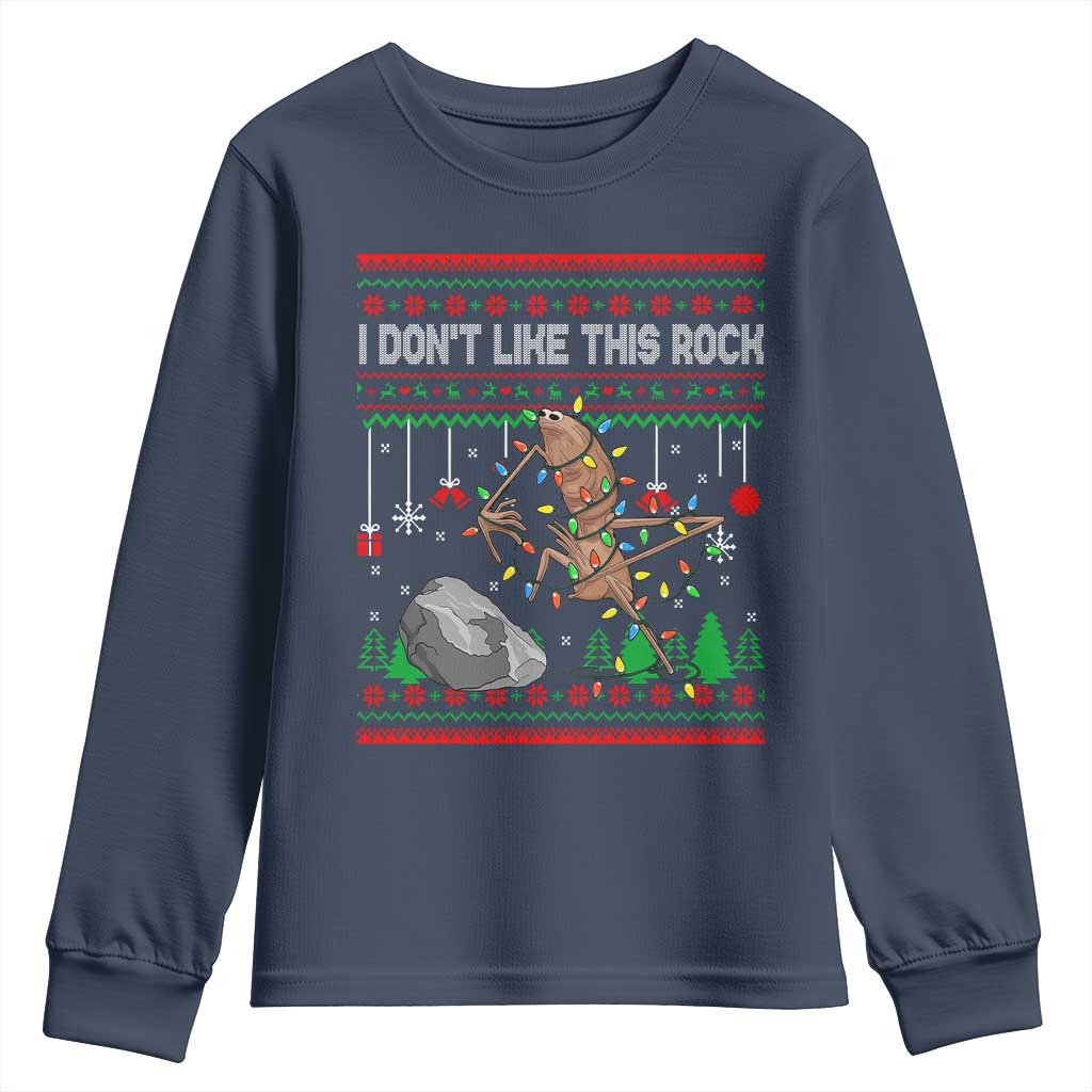 Christmas Marcus The Worm Meme Youth Sweatshirt I Dont Like This Rock Brainrot Funny Ugly Xmas TS10 Navy Print Your Wear