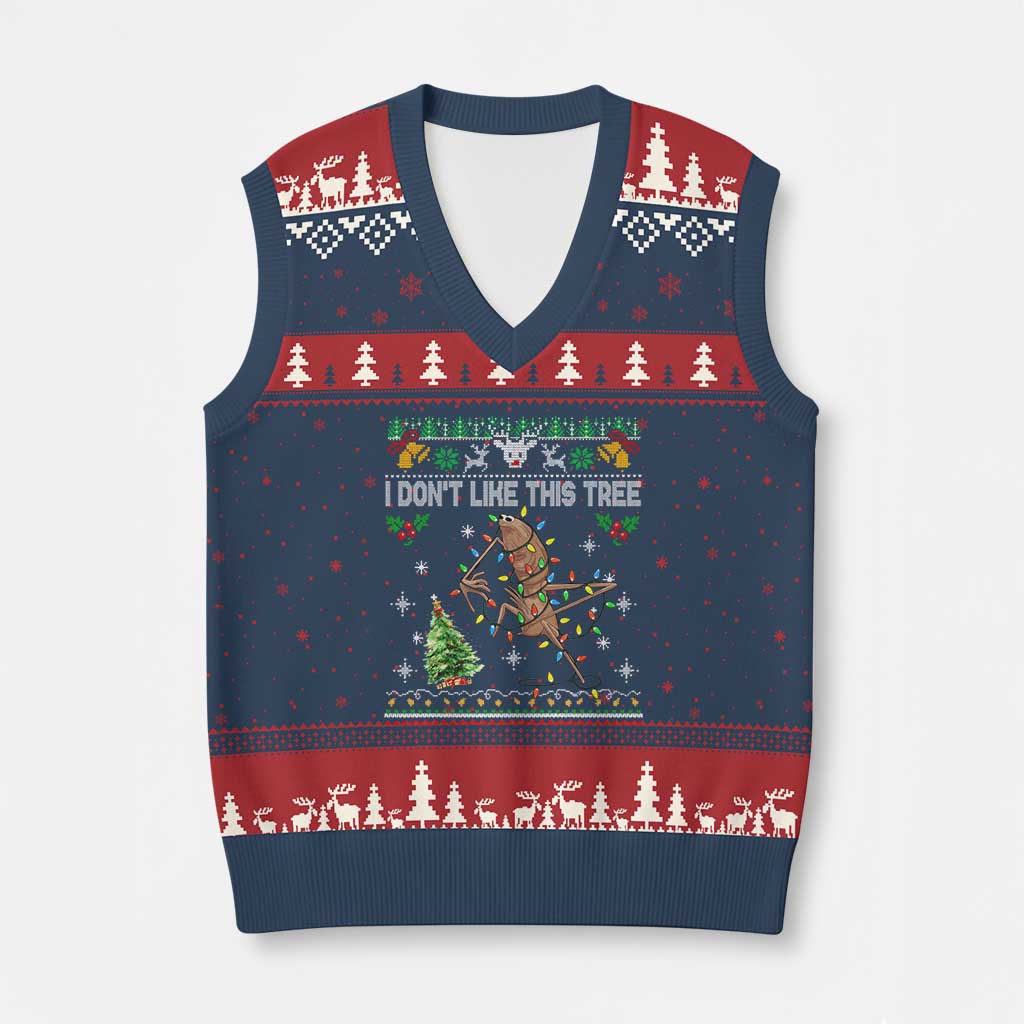 Marcus The Worm Xmas Meme V-Neck Knit Sweater Vest I Dont Like This Tree Brainrot Funny Ugly Xmas TS10 Navy Red Print Your Wear