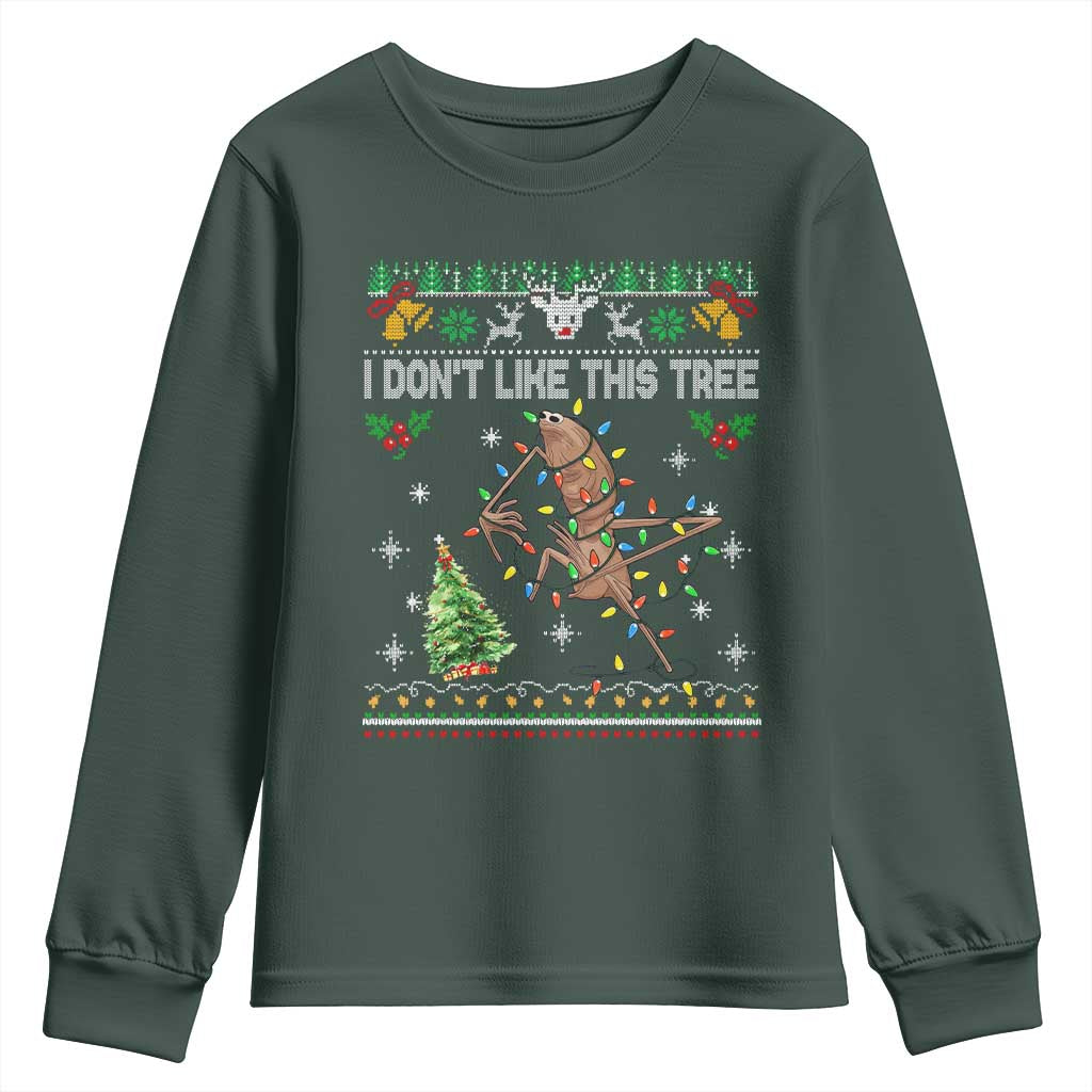 Marcus The Worm Christmas Meme Youth Sweatshirt I Dont Like This Tree Brainrot Funny Ugly Xmas TS10 Dark Forest Green Print Your Wear