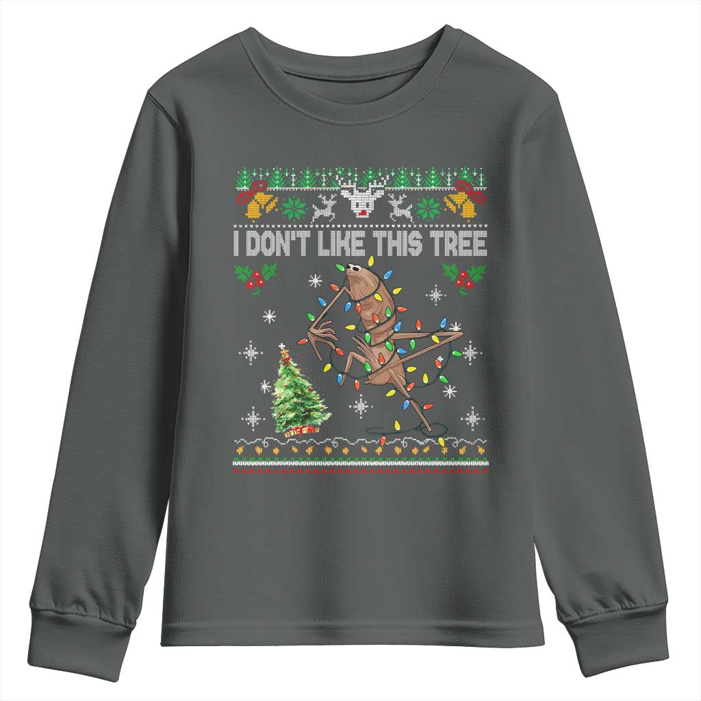 Marcus The Worm Christmas Meme Youth Sweatshirt I Dont Like This Tree Brainrot Funny Ugly Xmas TS10 Dark Heather Print Your Wear
