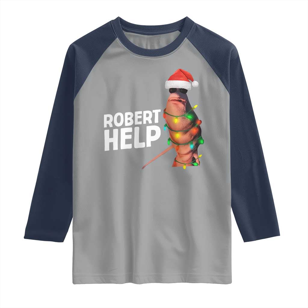 Marcus The Worm Christmas Raglan Shirt Robert Help Internet Weirdcore Brainrot Humor TS10 Sport Gray Navy Print Your Wear