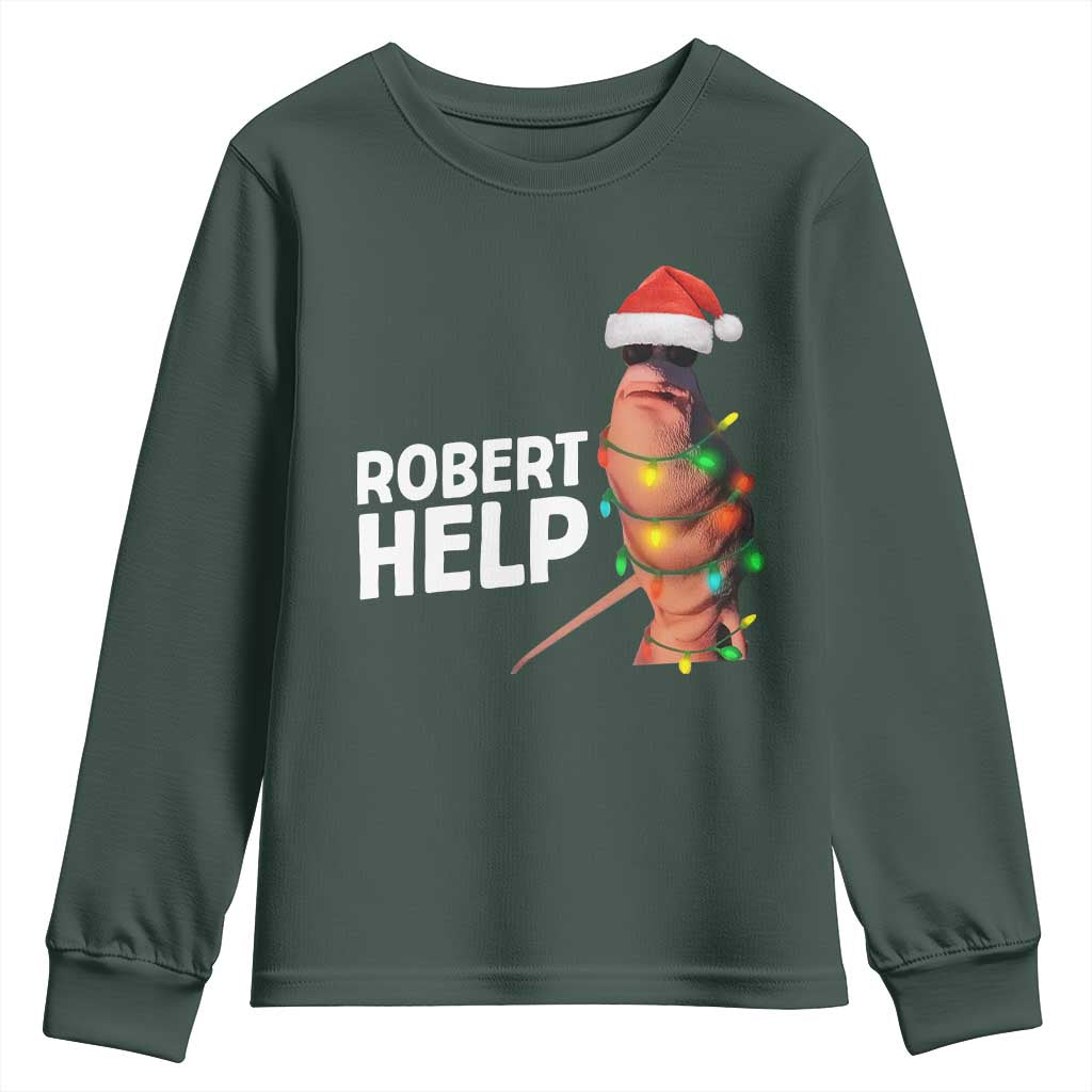 Marcus The Worm Christmas Youth Sweatshirt Robert Help Internet Weirdcore Brainrot Humor TS10 Dark Forest Green Print Your Wear