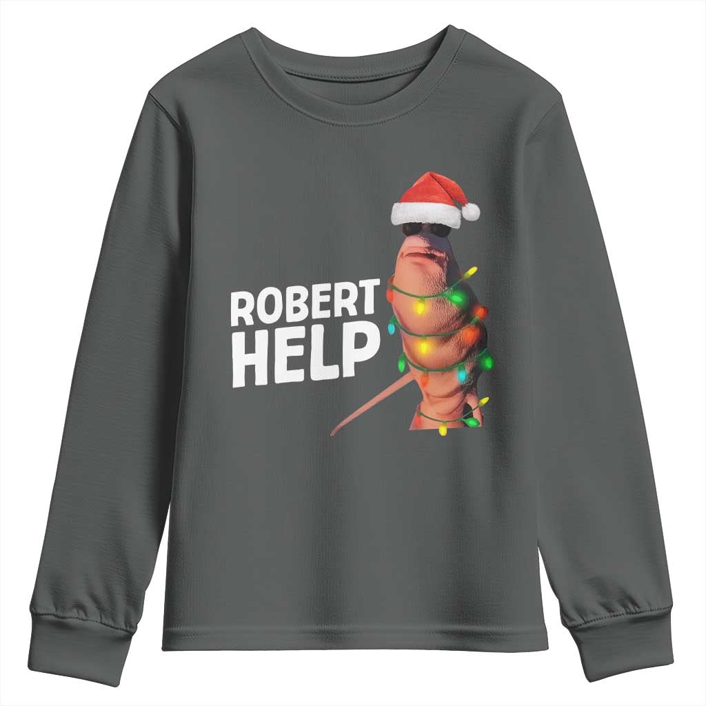 Marcus The Worm Christmas Youth Sweatshirt Robert Help Internet Weirdcore Brainrot Humor TS10 Dark Heather Print Your Wear