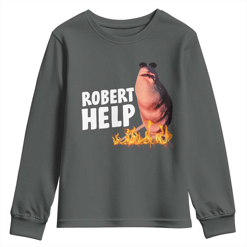 Marcus The Worm Youth Sweatshirt Funny Brainrot Meme Robert Help TS10 Dark Heather Print Your Wear