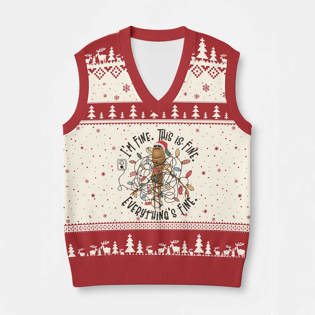 Marcus The Worm Xmas Meme V-Neck Knit Sweater Vest I'm Fine Everything is Fine TS10 Beige Red Print Your Wear