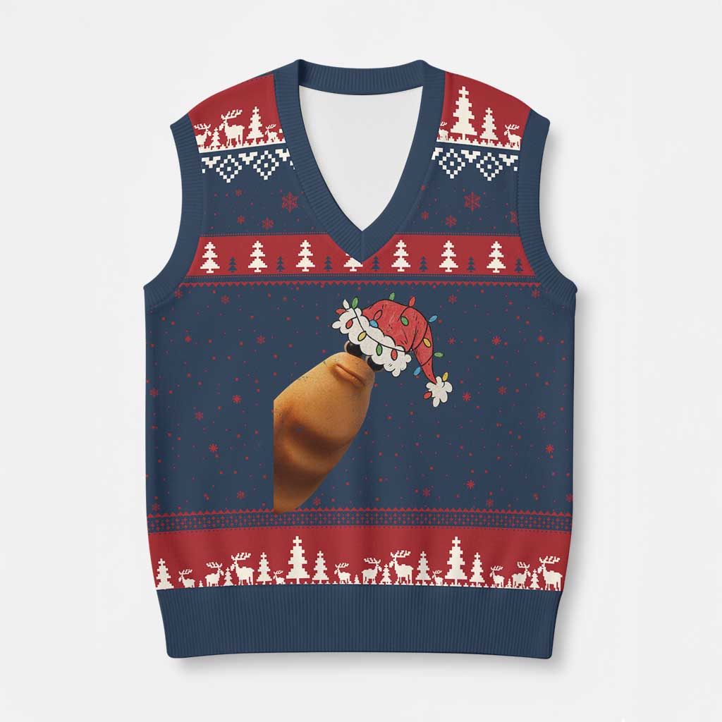 Marcus The Worm Xmas V-Neck Knit Sweater Vest Funny Internet Brainrot Meme TS10 Navy Red Print Your Wear