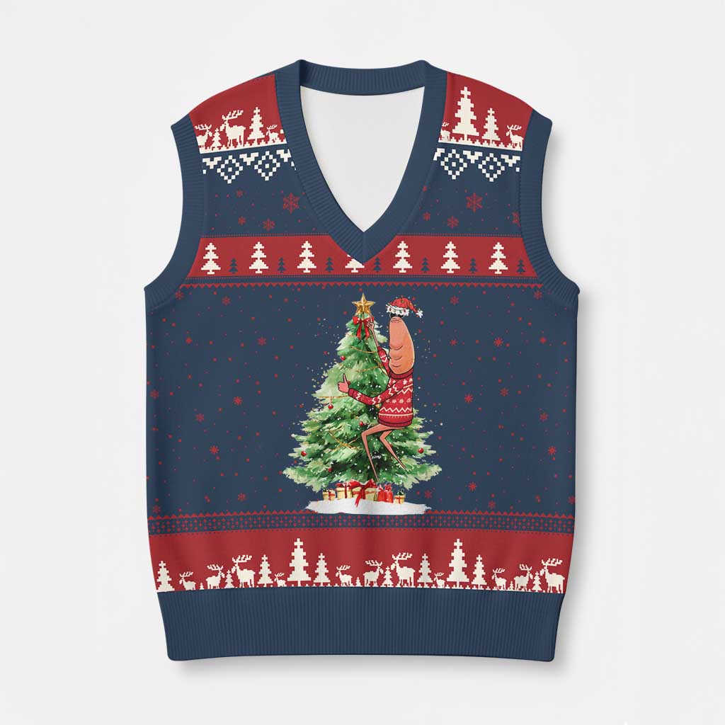 Marcus The Worm Xmas V-Neck Knit Sweater Vest Funny Brain Rot Meme TS10 Navy Red Print Your Wear