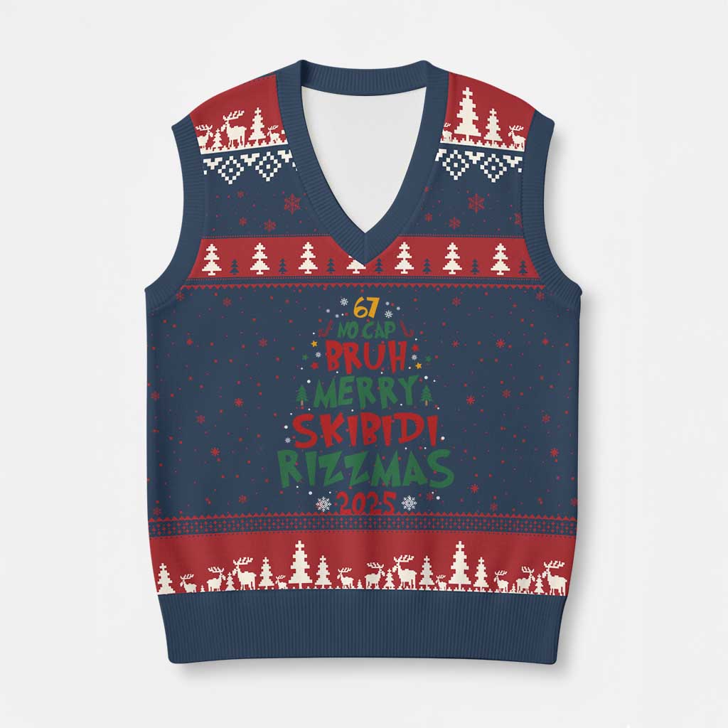 Funny Six Seven 67 Meme Xmas Tree V-Neck Knit Sweater Vest Funny 6 7 Bruh Gen Alpha Slang Viral Meme TS10 Navy Red Print Your Wear