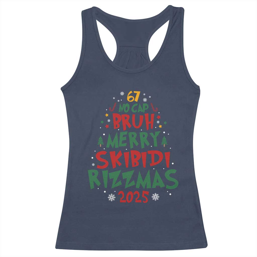 Funny Six Seven 67 Meme Christmas Tree Racerback Tank Top Funny 6 7 Bruh Gen Alpha Slang Viral Meme TS10 Navy Print Your Wear