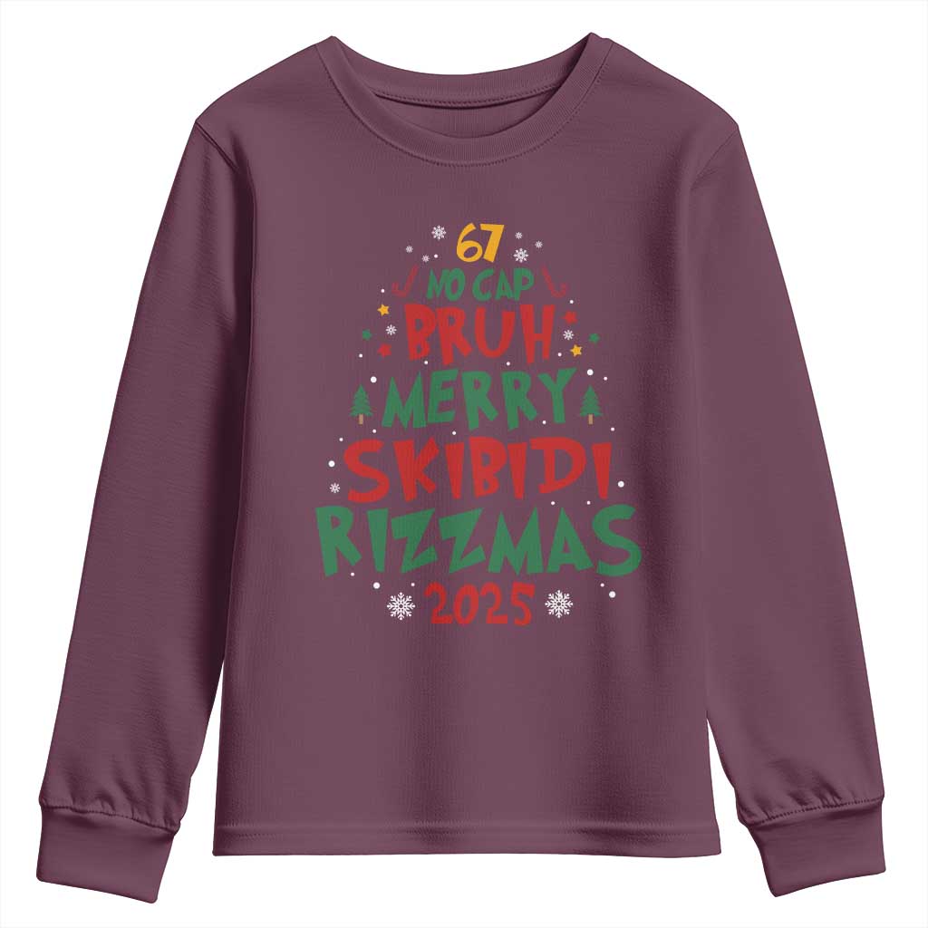Funny Six Seven 67 Meme Christmas Tree Youth Sweatshirt Funny 6 7 Bruh Gen Alpha Slang Viral Meme TS10 Maroon Print Your Wear