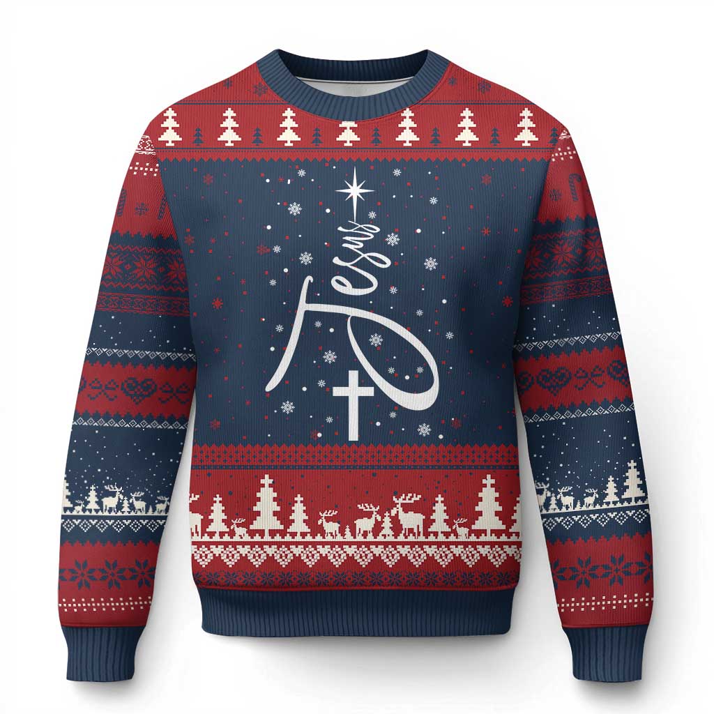 Jesus Xmas Tree Ugly Christmas Sweater Christian Faith TS10 Navy Red Print Your Wear