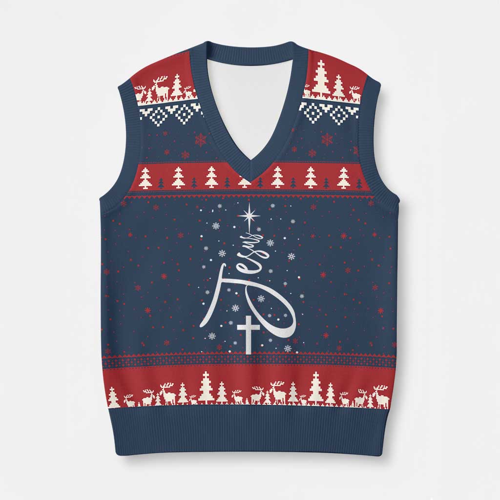 Jesus Xmas Tree V-Neck Knit Sweater Vest Christian Faith TS10 Navy Red Print Your Wear