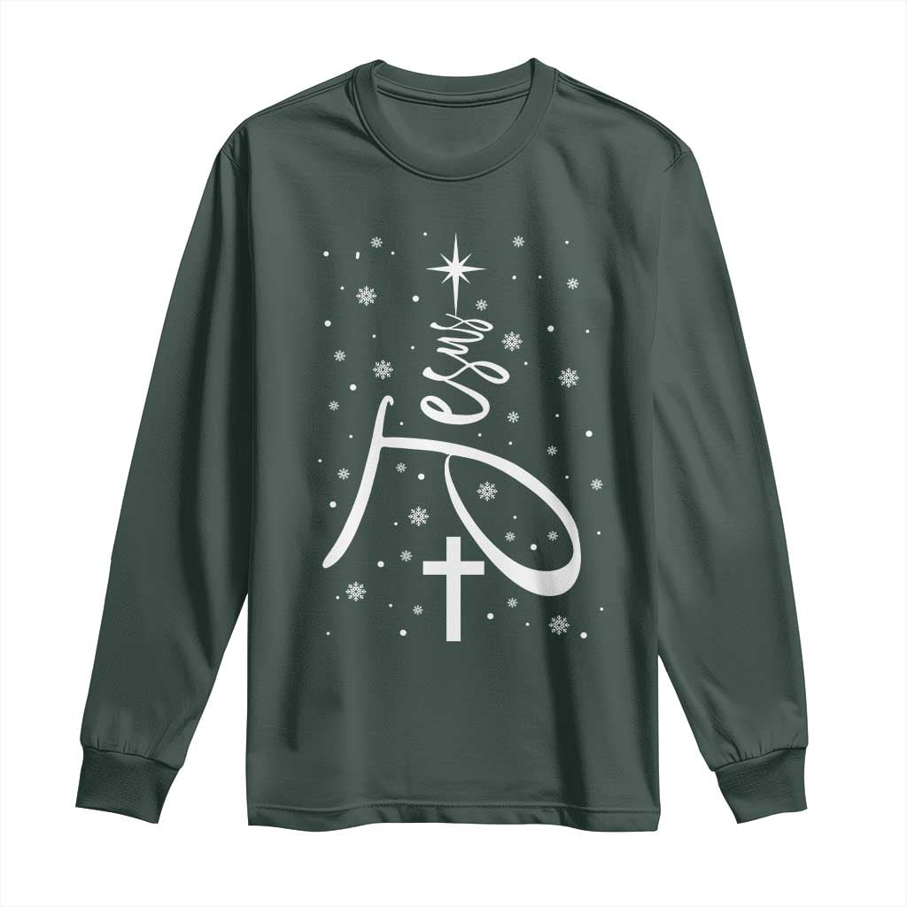 Jesus Christmas Tree Long Sleeve Shirt Christian Faith TS10 Dark Forest Green Print Your Wear