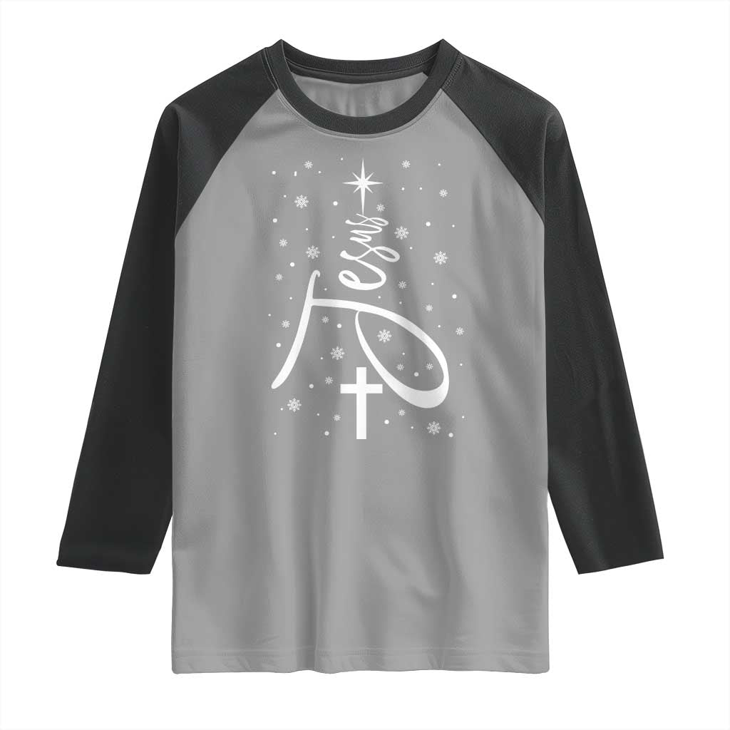 Jesus Christmas Tree Raglan Shirt Christian Faith TS10 Sport Gray Black Print Your Wear