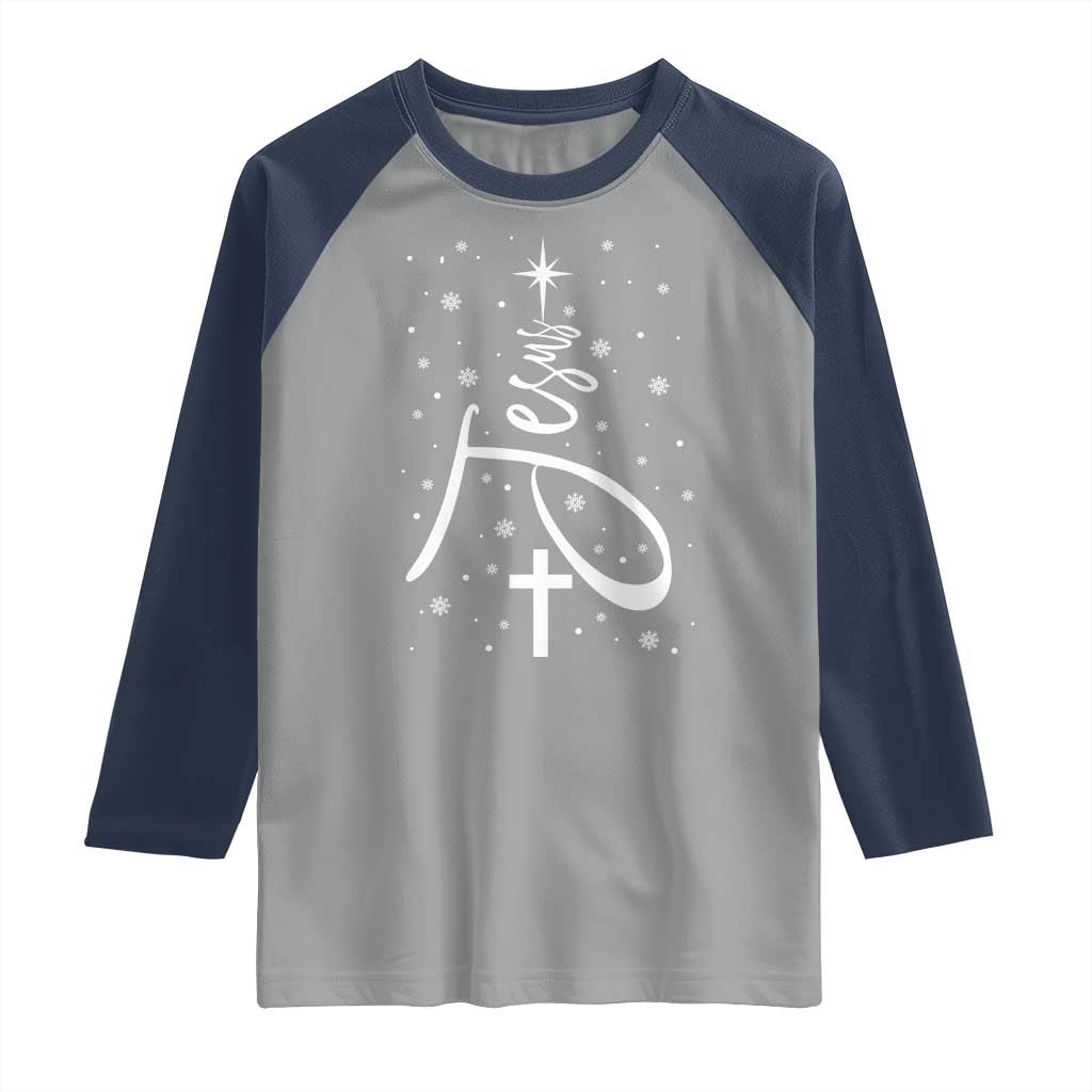 Jesus Christmas Tree Raglan Shirt Christian Faith TS10 Sport Gray Navy Print Your Wear