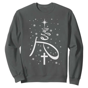 Jesus Christmas Tree Sweatshirt Christian Faith TS10 Dark Heather Print Your Wear