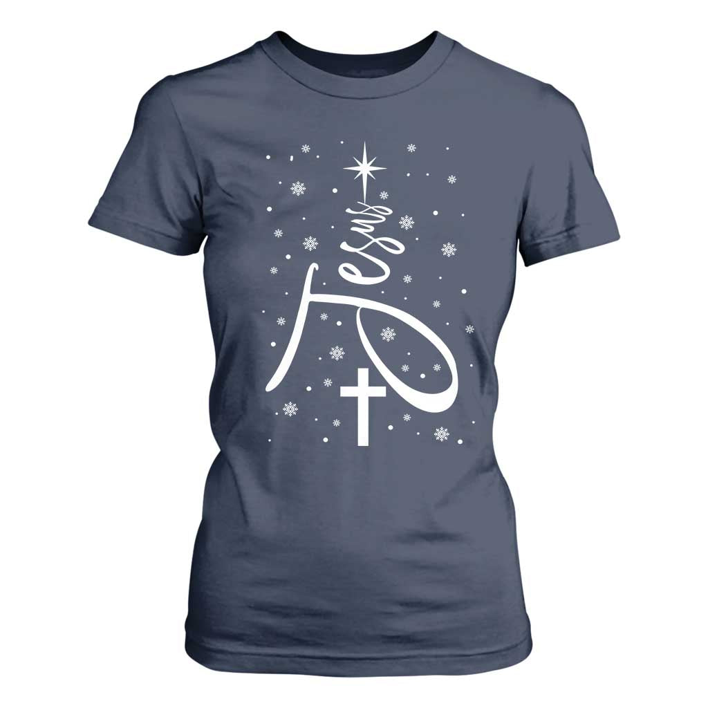 Jesus Christmas Tree T Shirt For Women Christian Faith TS10 Navy Print Your Wear