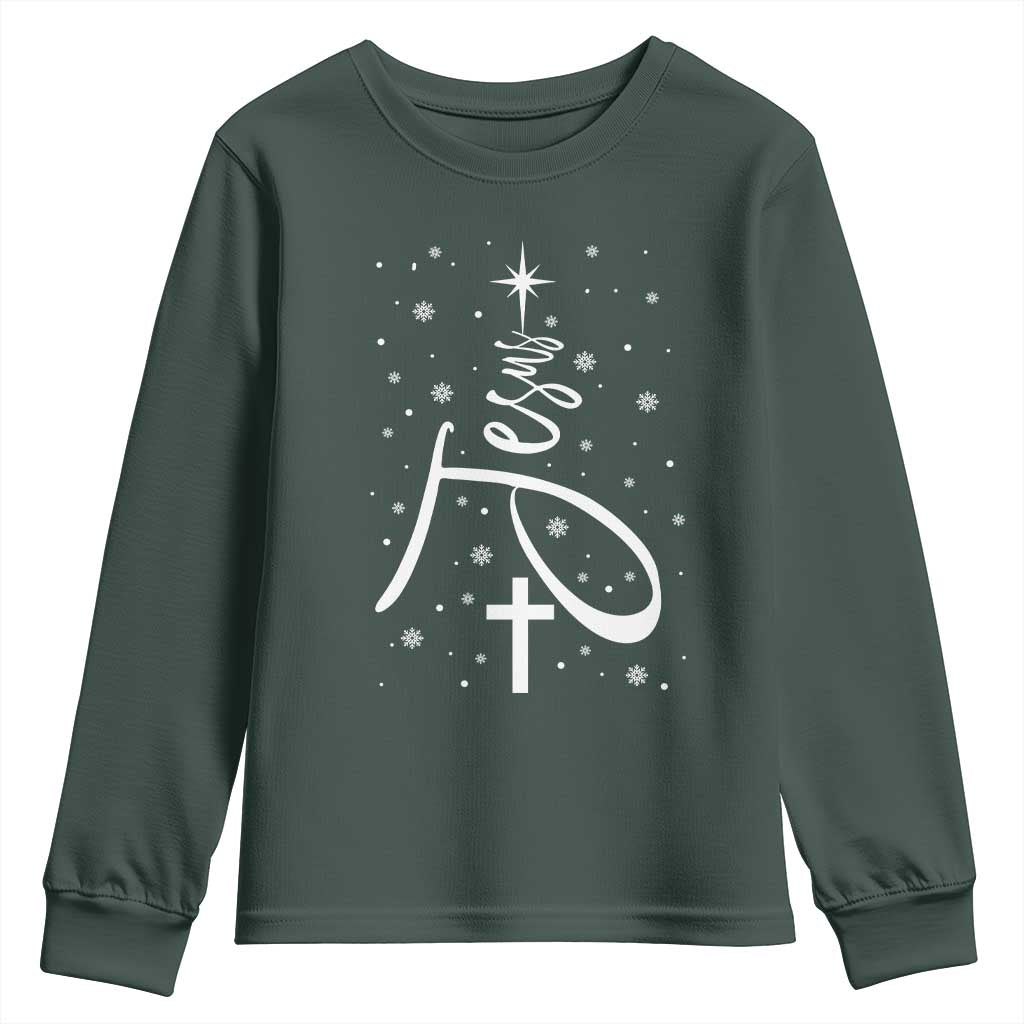 Jesus Christmas Tree Youth Sweatshirt Christian Faith TS10 Dark Forest Green Print Your Wear