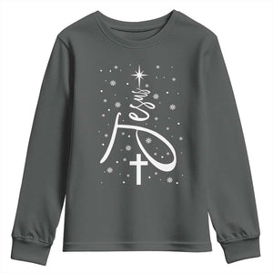 Jesus Christmas Tree Youth Sweatshirt Christian Faith TS10 Dark Heather Print Your Wear