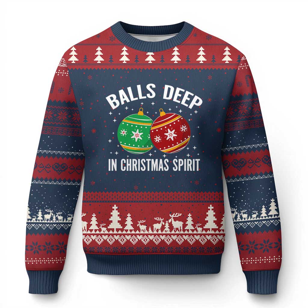 Funny Dirty Xmas Ugly Christmas Sweater Rude Adult Humor Balls Deep Into Xmas Spirit TS10 Navy Red Print Your Wear