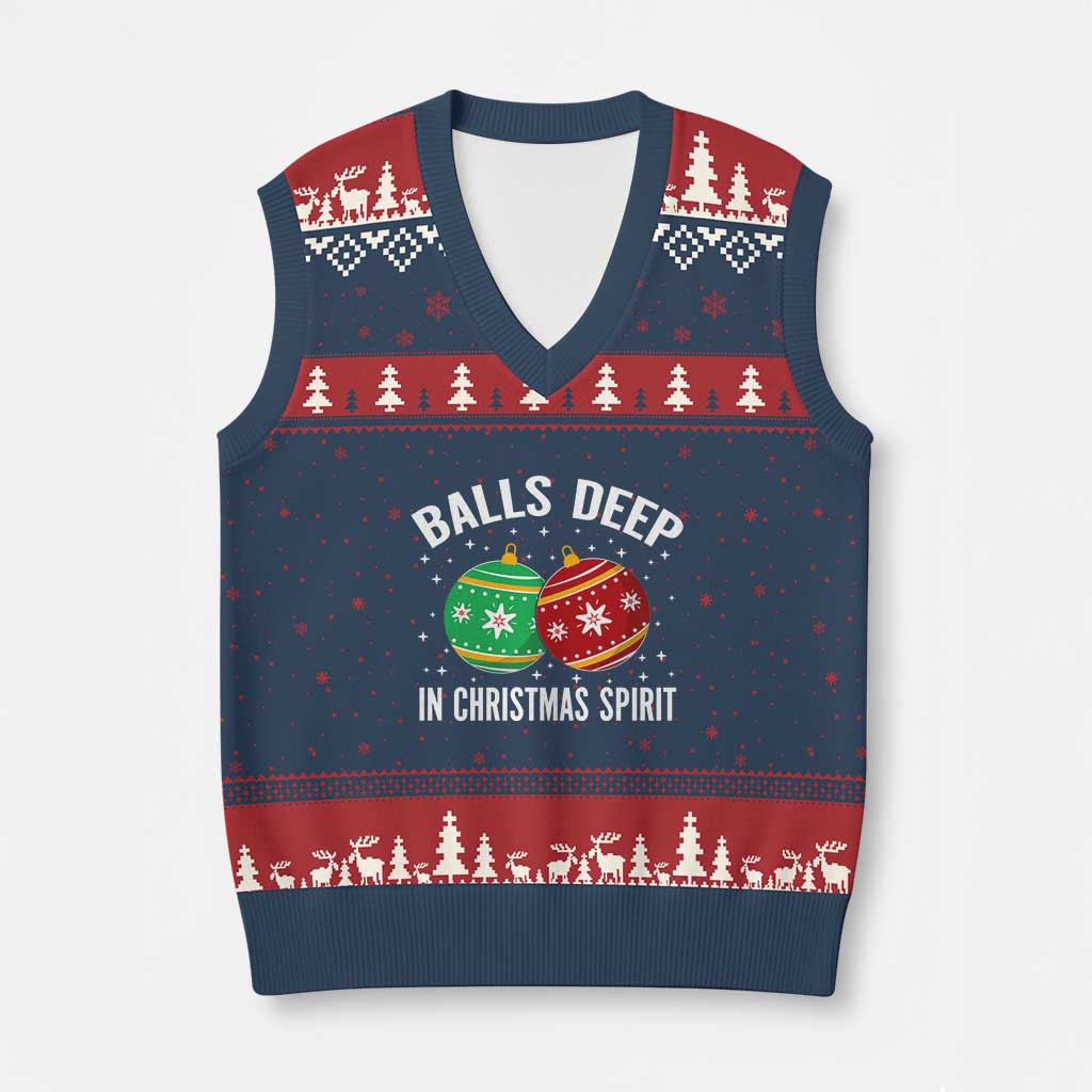 Funny Dirty Xmas V-Neck Knit Sweater Vest Rude Adult Humor Balls Deep Into Xmas Spirit TS10 Navy Red Print Your Wear