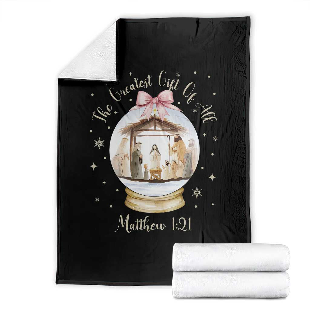 Nativity Scene Christmas Throw Blanket The Greatest Gift of All Christian Coquette Bow Matthew 1:21 TS10 Black Print Your Wear