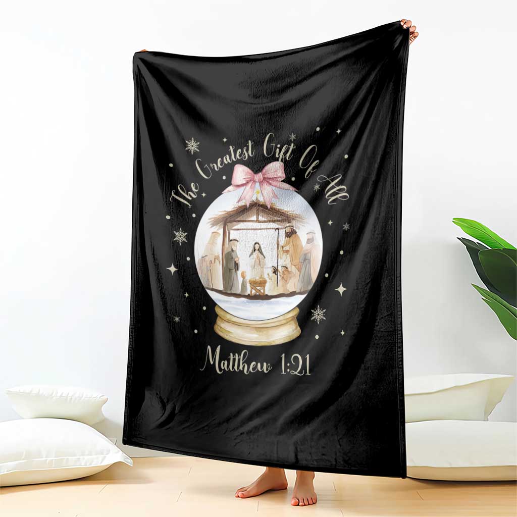 Nativity Scene Christmas Throw Blanket The Greatest Gift of All Christian Coquette Bow Matthew 1:21 TS10 Print Your Wear