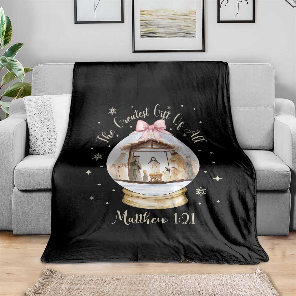 Nativity Scene Christmas Throw Blanket The Greatest Gift of All Christian Coquette Bow Matthew 1:21 TS10 Print Your Wear