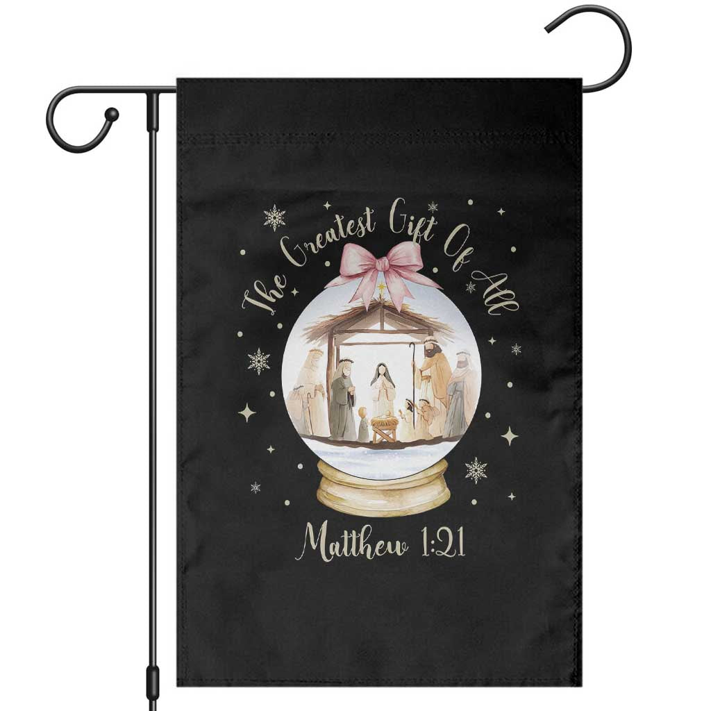 Nativity Scene Christmas Garden Flag The Greatest Gift of All Christian Coquette Bow Matthew 1:21 TS10 Black Print Your Wear