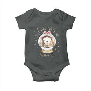 Nativity Scene Christmas Baby Onesie The Greatest Gift of All Christian Coquette Bow Matthew 1:21 TS10 Dark Heather Print Your Wear