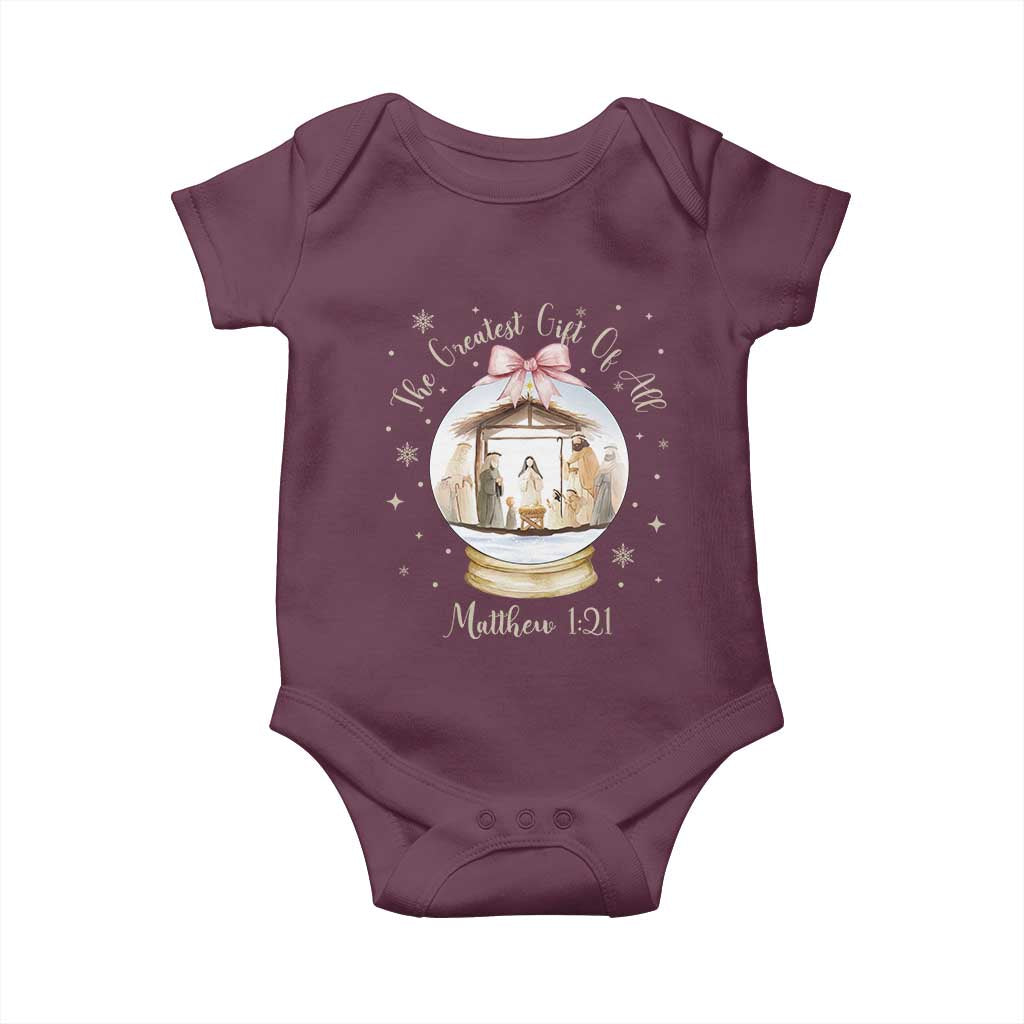 Nativity Scene Christmas Baby Onesie The Greatest Gift of All Christian Coquette Bow Matthew 1:21 TS10 Maroon Print Your Wear