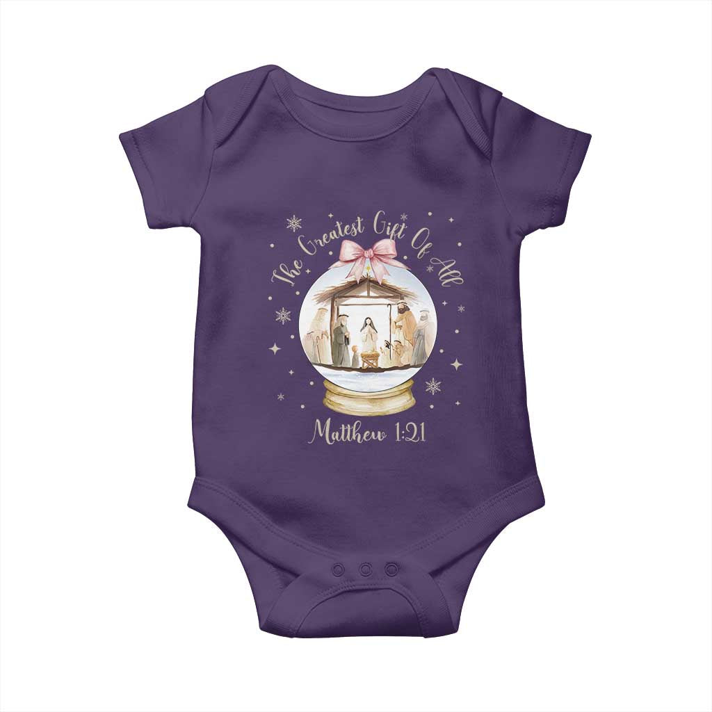 Nativity Scene Christmas Baby Onesie The Greatest Gift of All Christian Coquette Bow Matthew 1:21 TS10 Purple Print Your Wear